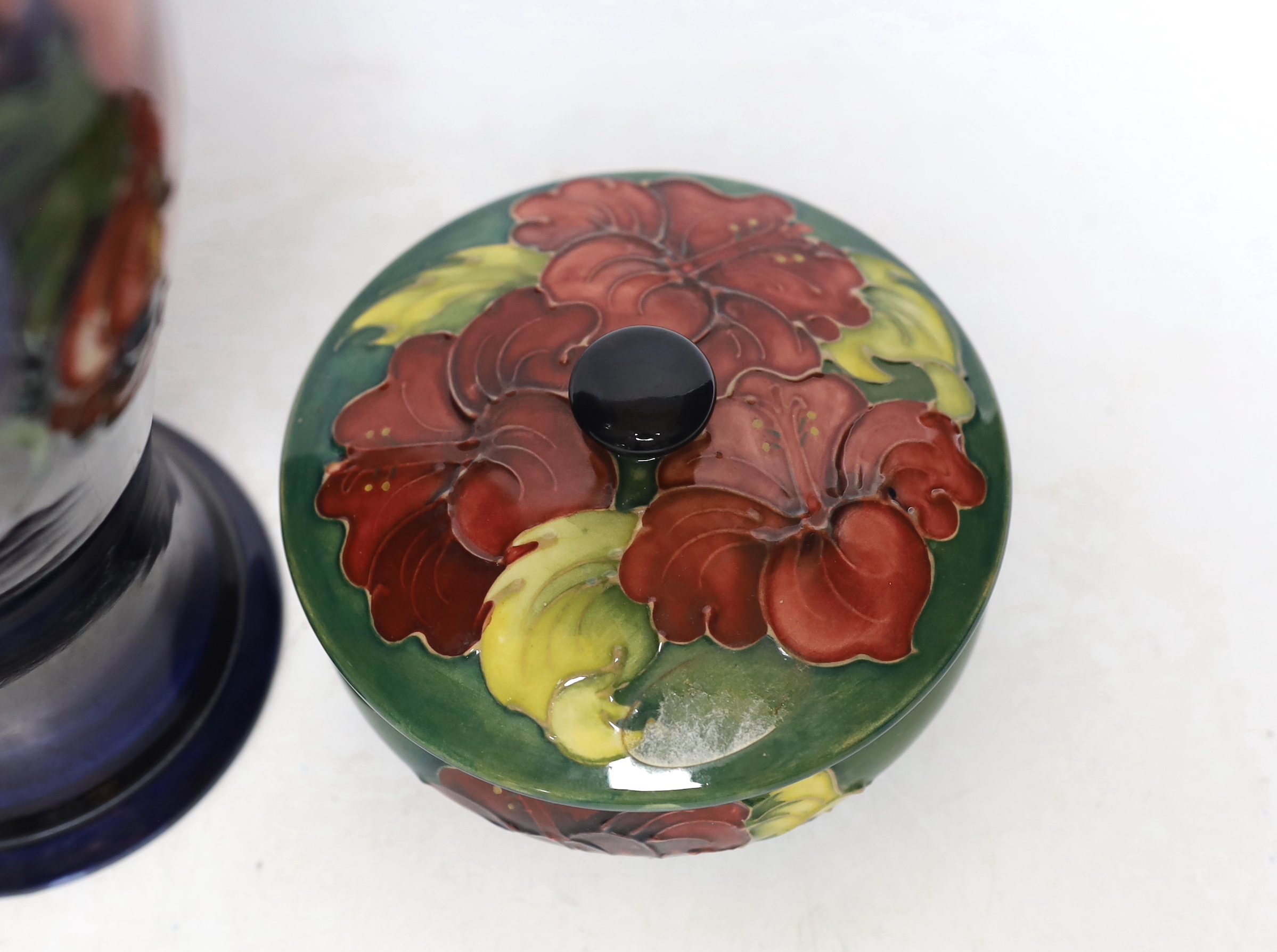 A Walter Moorcroft blue pansy pattern vase and a box and cover